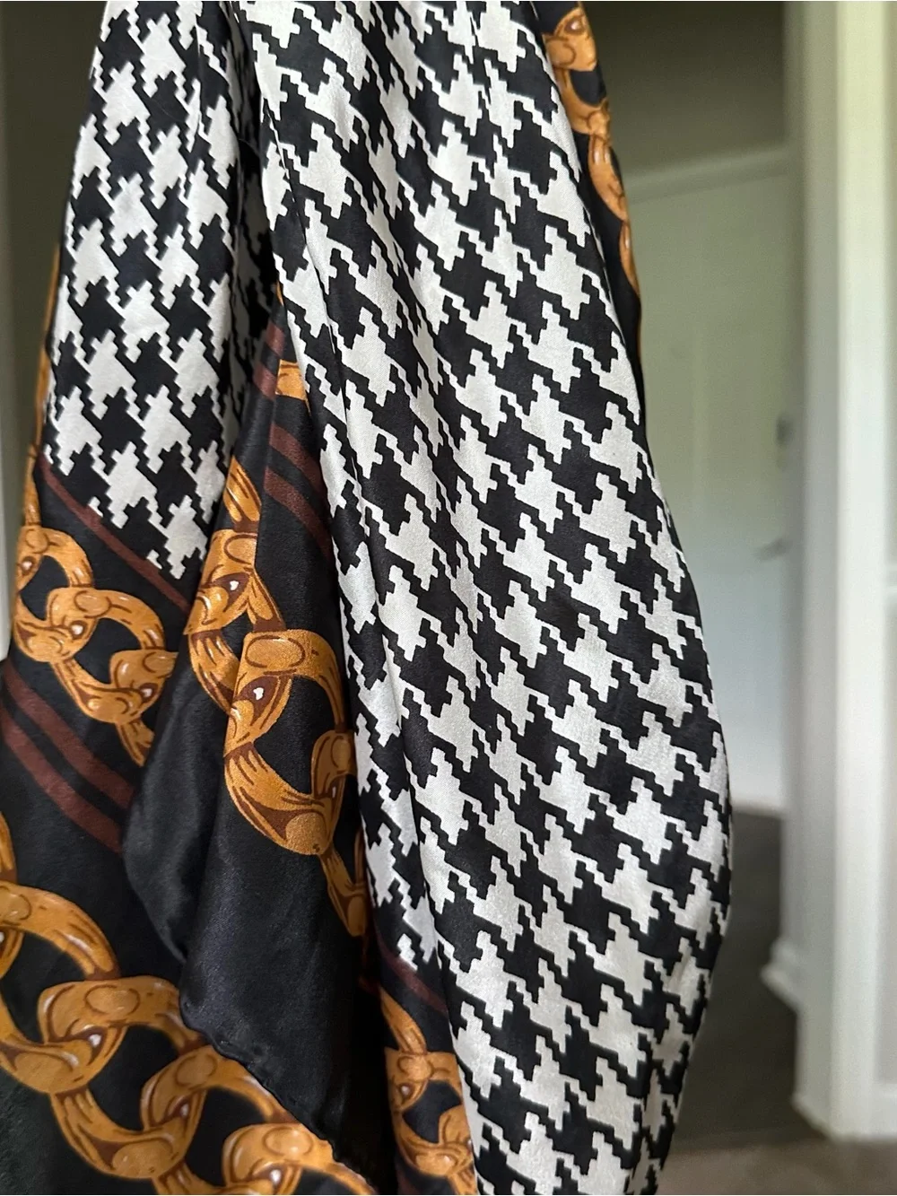 Vintage bill blass Black & Gold Chain Print Silk Scarf with Houndstooth Accent